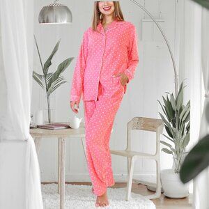 Pink Polka Dot Pajama Set – Two-Piece • Notch Collar • Soft & Stylish Sleepwear